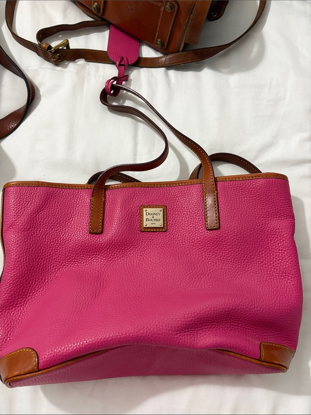 Dooney & Bourke Hot Pink Pebble Leather Tote with Brown Trim